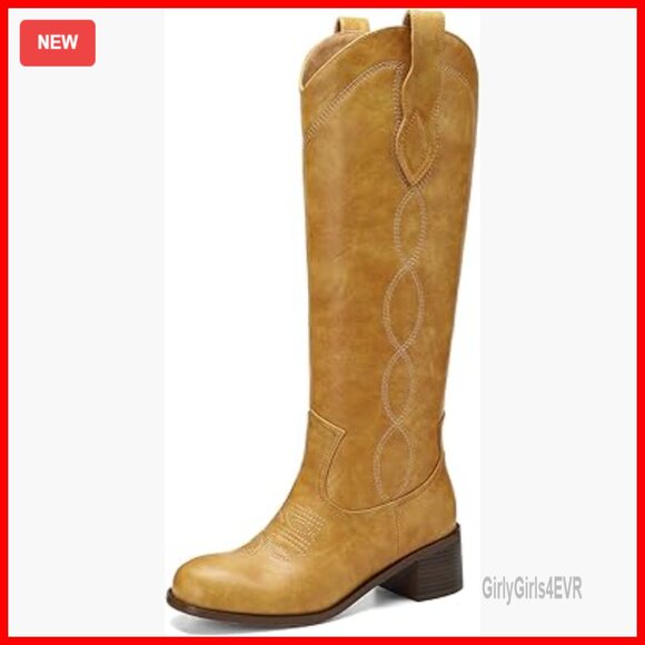 Women's Knee High Western Boots Square Toe Chunky Heel Wide Calf